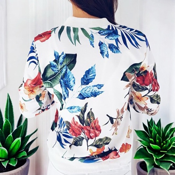 New Women's Tropical Plant Print Baseball Collar Jacket - Picture 12 of 16